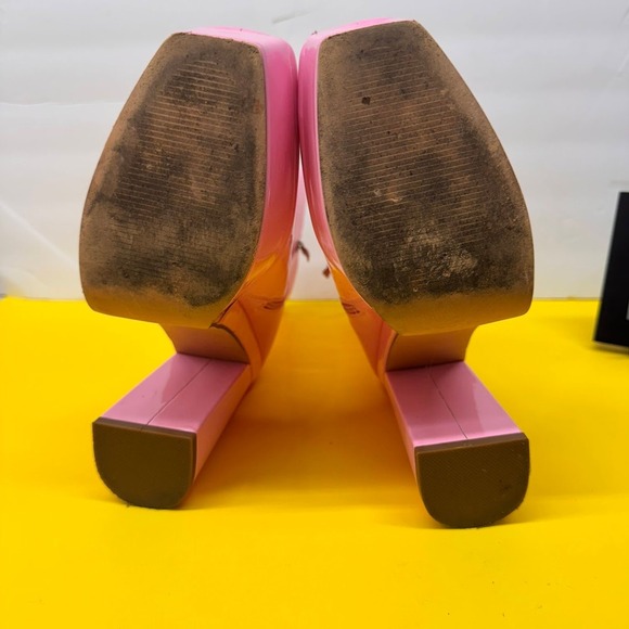 Pink Patent Leather Platform Boots Square Toe Block Heel Mid Calf Side Zip Shoes - Picture 6 of 10